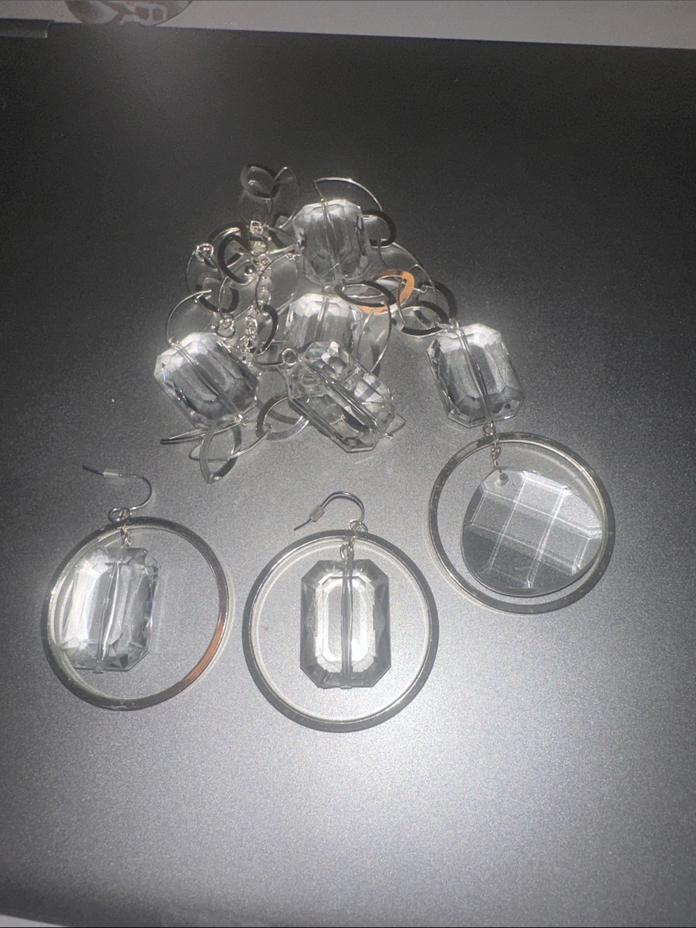 Clear Acrylic Hoop Drop Earrings and Necklace Set, Avon silver-tone, Like New.